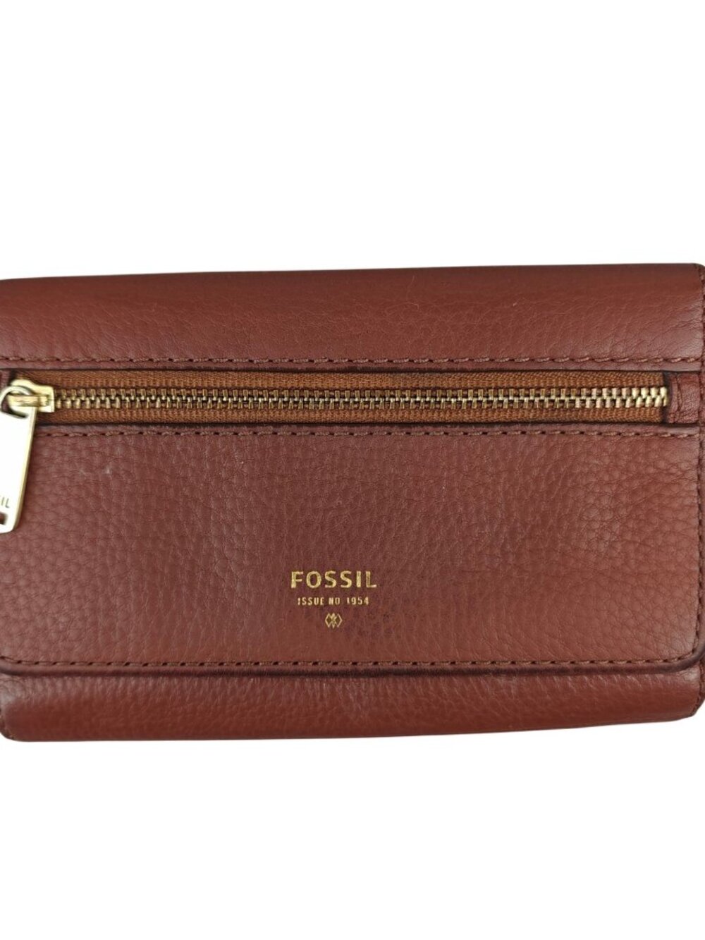 Vintage Fossil Leather Tri-Fold Wallet Brown Gold Accents Snap Close Zip Pocket